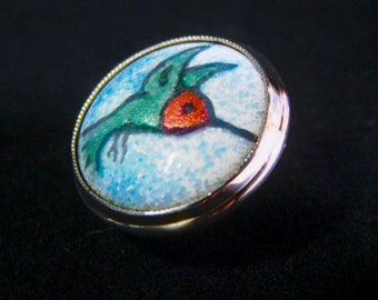 Tiny Hummingbird Enamel Button set in Sterling