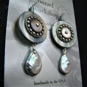 Gray Pearl & Vintage Button Earrings