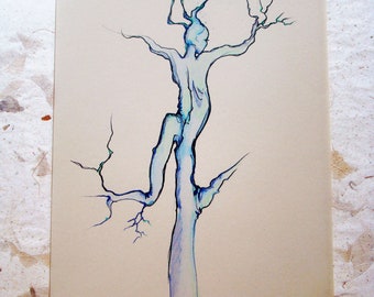 Original Tree Art Hand Colored Print "Tree Spirits"