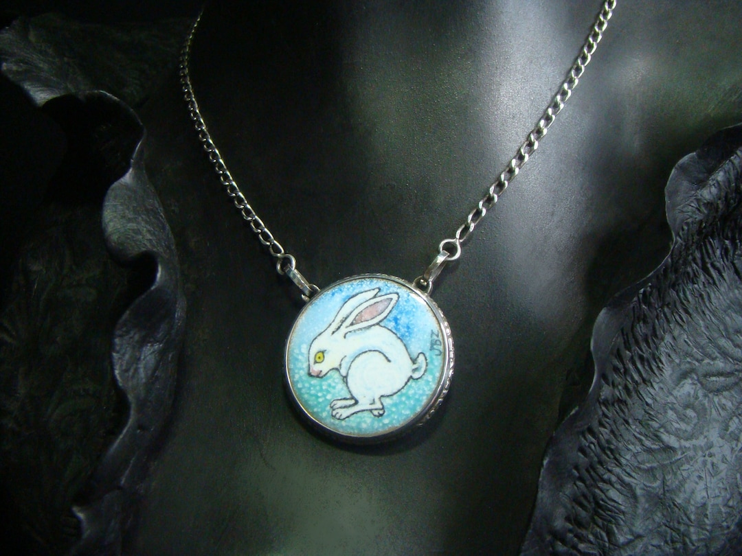 Pendant With White Rabbit Enamel Set in Sterling Silver - Etsy