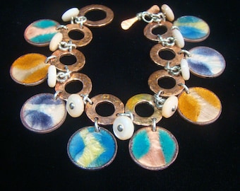 Enameled Penny Charm Bracelet with Vintage Buttons in Copper & Sterling