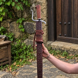 Puede incluir: Una espada con mango de madera y guarda de metal plateado, alojada en una funda de cuero marrón oscuro. La funda presenta un patrón floral en relieve repetitivo y está envuelta con una correa de cuero cerca de la empuñadura y una punta de metal.