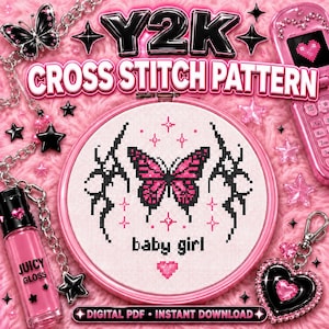 Y2K Pink Butterfly Cross Stitch Pattern, Tribal Baby Girl Embroidery Chart (Digital Download)
