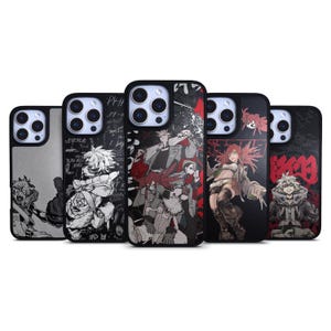 May include: Five black smartphone cases featuring various anime-style character illustrations and graffiti-inspired text. The designs include monochromatic and full-colour artwork with detailed line work, layered compositions, and bold red accents.