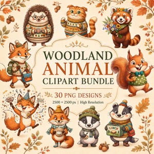 Autumn Woodland Animal Clipart Bundle, 30 Fall Forest PNGs, Fox Squirrel Hedgehog Red Panda