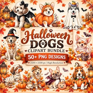 Könnte beinhalten: Ein digitales Clipart-Paket mit verschiedenen Hunden in Halloween-Kostümen, darunter ein Pudel mit Fledermausflügeln, ein Corgi im Kürbiskostüm und ein Geisterhund. Der zentrale Text lautet Halloween DOGS CLIPART BUNDLE 50+ PNG DESIGNS 2500 x 2500 px.