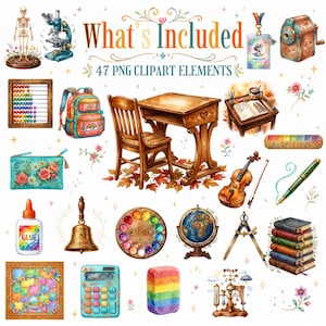 Könnte beinhalten: Eine Sammlung von 47 ClipArt-Elementen im Aquarellstil zum Thema Schule und Wissenschaft, darunter ein Schreibtisch mit Stuhl aus Holz, ein Skelett, ein Mikroskop, ein Globus, eine Geige, Bücher, ein Abakus, ein Rucksack und Schreibwaren.