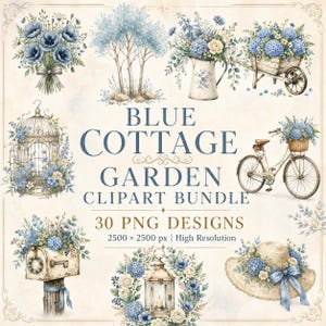Könnte beinhalten: Ein digitales Clipart-Paket mit 30 PNG-Designs aus blauen Blumen, einem Fahrrad, einem Vogelkäfig, einem Briefkasten, einer Laterne und einem Strohhut. Der Text lautet BLUE COTTAGE GARDEN CLIPART BUNDLE 30 PNG DESIGNS 2500 x 2500 px.