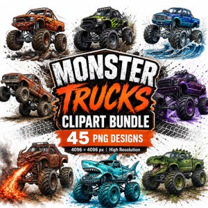 Puede incluir: Una colección digital de 45 diseños de clipart de monster trucks con varios vehículos en naranja, verde, azul y morado, incluyendo modelos temáticos como dragón, tiburón y dinosaurio, con el texto MONSTER TRUCKS CLIPART BUNDLE.