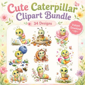 Könnte beinhalten: Ein digitales Grafikset mit dem Titel Cute Caterpillar Clipart Bundle mit 34 Designs. Die Sammlung zeigt verschiedene Illustrationen von bunten Raupen in Gartenumgebungen mit Blumen, Pilzen, Beeren und Schmetterlingen.