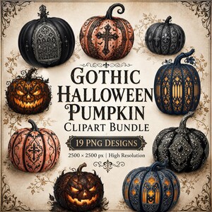 Gothic Pumpkin Clipart Bundle, 19 Halloween PNGs, Ornate Victorian Pumpkins, Dark Spooky Fall Graphics