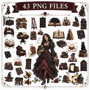 Könnte beinhalten: Eine digitale Sammlung von 43 PNG-Dateien mit Illustrationen im Gothic-Stil, darunter eine Person in einem dunklen Kleid, Stapel alter Bücher, schwarze Katzen, Geister, verzierte Möbel, Totenköpfe, Kerzen und magische Gegenstände mit Symbolen.