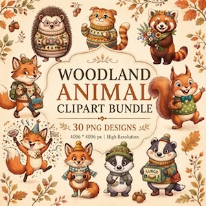 Könnte beinhalten: Eine digitale Sammlung von Waldtier-Illustrationen mit Igel, Katze, Rotem Panda, Eichhörnchen, Füchsen und Dachsen in Pullovern. Der zentrale Text lautet WOODLAND ANIMAL CLIPART BUNDLE 30 PNG DESIGNS 4096 * 4096 px | High Resolution.