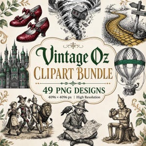 Könnte beinhalten: Ein digitales Clipart-Paket mit dem Titel Vintage Oz, das 49 PNG-Designs enthält. Die Illustrationen zeigen rote Glitzerschuhe, einen Tornado mit einem Haus, eine gelbe Backsteinstraße, ein smaragdgrünes Schloss, einen Heißluftballon und Figuren.