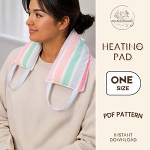 May include: A neck heating pad featuring vertical stripes in pastel pink, mint green, and light blue, with white elastic loops on each end. The text on the right reads: stitchcraftstudio, HEATING PAD, ONE SIZE, PDF PATTERN, INSTANT DOWNLOAD.