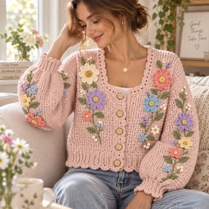 Floral Crochet Cardigan Pattern PDF, Pink 3D Flower Sweater, Puff Sleeve Cropped Cardigan