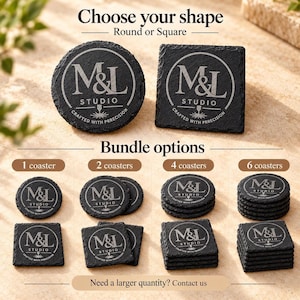 Custom Logo Coaster, Natural Black Slate Engraved in Round or Square Shapes