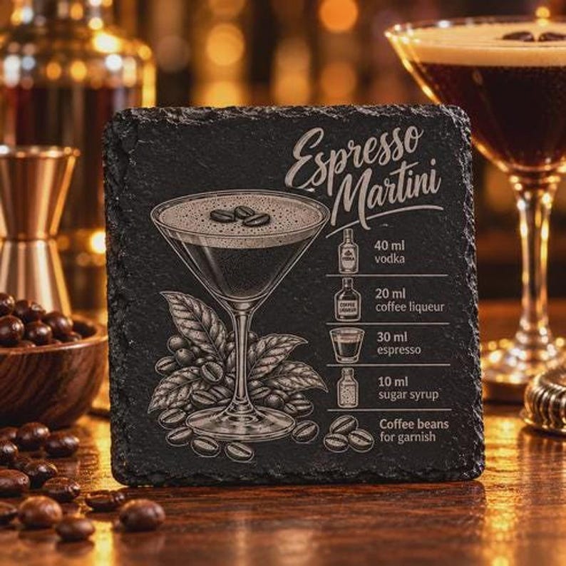 A square black slate coaster is engraved with an Espresso Martini illustration, recipe, and title, displayed on a wooden bar near coffee beans and a cocktail.