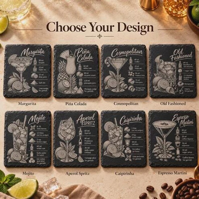 Engraved Espresso Martini cocktail recipe design on a square natural slate coaster.