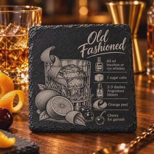 A square black slate coaster is engraved with an Old Fashioned cocktail illustration, recipe, and title, positioned on a wooden bar near a glass of whiskey.