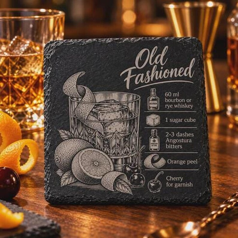 A square black slate coaster is engraved with an Old Fashioned cocktail illustration, recipe, and title, positioned on a wooden bar near a glass of whiskey.