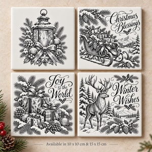 Christmas Ceramic Tile, Festive Winter Decor, 16 Designs, 10 or 15 cm Square