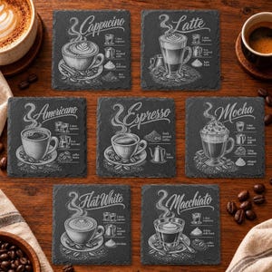 Slate Drink Coaster, Natural Black with Engraved Coffee Recipe Designs