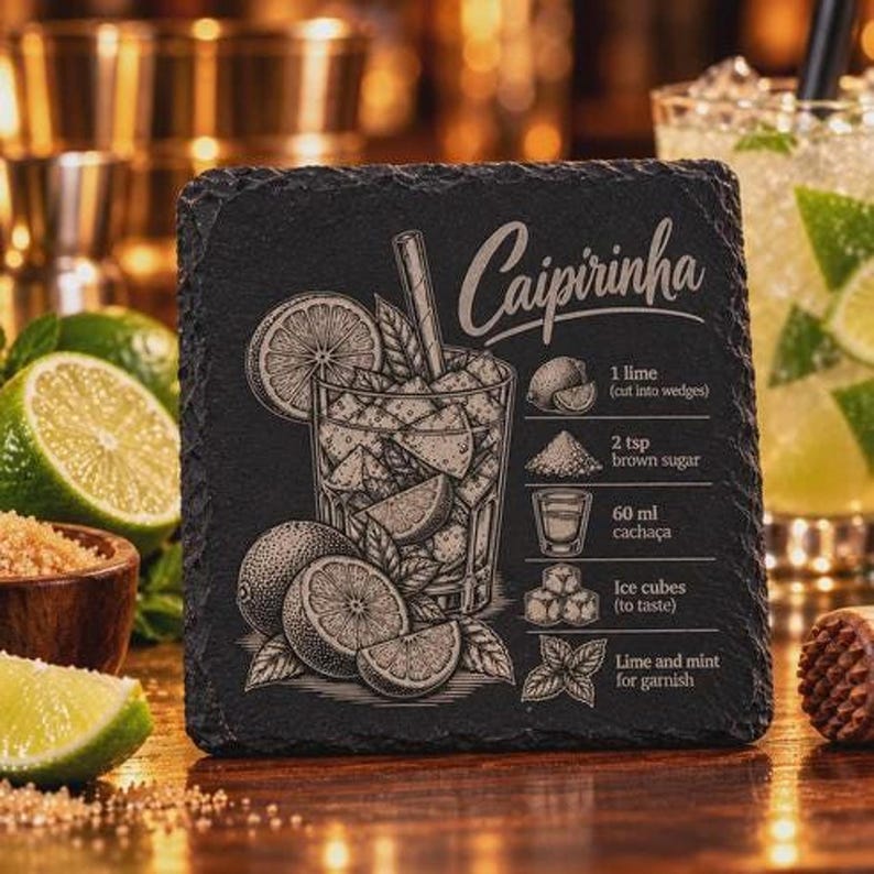 A square black slate coaster features an engraved Caipirinha illustration, recipe, and title, set on a wooden surface beside coffee beans and lime wedges.
