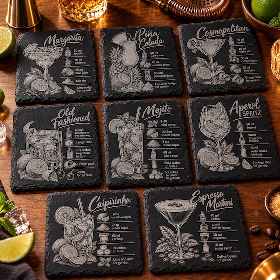 Engraved Cocktail Recipe Slate Coaster, Home Bar Gift, Choice of 8 Drink Designs