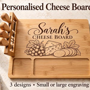 Bamboo Cheese Board, Personalised 28 × 36 cm Engraved Serving with 3 Designs