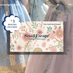May include: A rectangular card featuring the text Seoul Escape SOLO EXPLORER CLUB and Your Loyal Seoul Escaper, decorated with pink cherry blossoms, green leaves, and gold geometric patterns, set against a background of layered traditional garments.