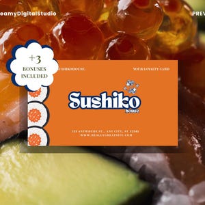 以下が含まれることがあります： ダークブルーのフォントでSushiko houseと書かれた長方形のオレンジ色のポイントカード。カードには小さな魚のグラフィック、住所123 anywhere st., any city, st 12345、ウェブサイトwww.reallygreatsite.comが記載されています。左側には寿司ロールの縦のストリップがあります。