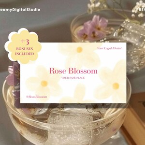 以下が含まれることがあります： 白い背景に淡い黄色の水彩画の花が描かれた長方形の名刺。テキストにはRose Blossom、Your Loyal Florist、Your Safe Place、@RoseBlossomと書かれています。黄色のスカラップバッジには+3 BONUSES INCLUDEDと記載されています。