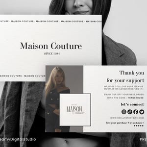Peut inclure: Deux cartes de visite rectangulaires blanches avec du texte noir. La carte supérieure affiche Maison Couture et SINCE 1984. La carte inférieure présente une photo d'une personne, le logo Maison Couture et du texte incluant Thank you for your support.