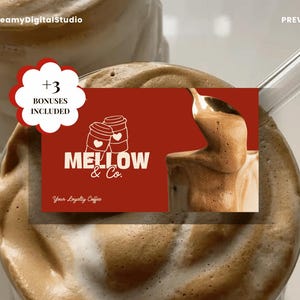 以下が含まれることがあります： ダークレッドの背景に白い文字で「Mellow & Co.」、ハート付きのコーヒーカップのアイコン2つ、「Your Loyalty Coffee」というフレーズが書かれた長方形の名刺。カードの右側には、コーヒーの泡が乗った金色のスプーンが描かれています。