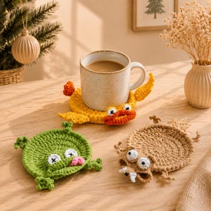 Sottobicchiere a forma di animale all'uncinetto fatto a mano, grazioso tappetino per bevande lavorato a maglia, divertente sottotazza con animaletti, rana, volpe, tartaruga, ippopotamo, decorazione per la casa, regalo unico per l'inaugurazione della casa