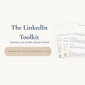 Könnte beinhalten: Das LinkedIn Toolkit, ein digitaler Leitfaden zur Profiloptimierung, zeigt dunkelblauen Text auf hellem Hintergrund. Es enthält einen Titel, einen Untertitel und eine beige Schaltfläche mit Inhalten wie Profilleitfaden, Checkliste und Tipps.