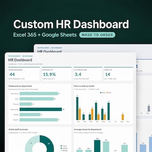 May include: A digital HR dashboard template for Excel 365 and Google Sheets featuring data visualizations including bar charts, a donut chart, and key performance indicators for headcount, attrition, tenure, and hires with the text Custom HR Dashboard.