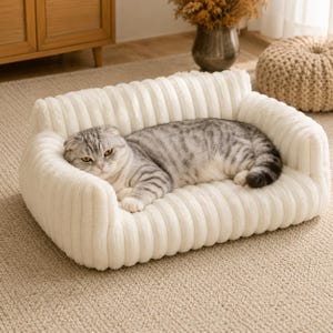 Pode incluir: Um sofá de pelúcia para animais de estimação em branco sujo com uma textura canelada. Um gato malhado cinzento e branco com orelhas dobradas está deitado confortavelmente na superfície macia e almofadada da cama retangular com bordas.