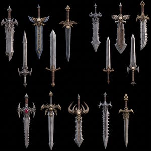 Könnte beinhalten: Eine Sammlung von fünfzehn Fantasieschwertern, die in einem Raster vor einem schwarzen Hintergrund angeordnet sind. Die Schwerter weisen verschiedene Designs auf, darunter Metallklingen, verzierte Griffe, Totenkopfmotive und Runen.