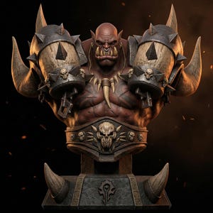 May include: A detailed bust of a muscular orc figure with reddish-brown skin, wearing large spiked shoulder pauldrons, a necklace with a central tusk, and a wide belt featuring a prominent skull emblem. The base displays a dark symbol.