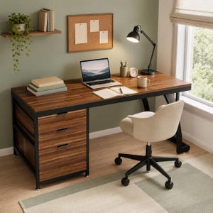 May include: A rectangular wooden desk with a dark brown wood grain finish and a black metal frame. The desk features three drawers on the left side with black handles, a laptop, a desk lamp, a mug, and a notebook on the surface. A cream-colored office chair with wheels is positioned in front of the desk.