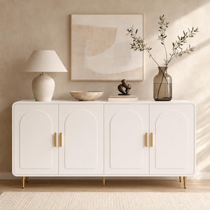 60 Inch White Sideboard Buffet Cabinet, Modern Curved 4 Door Storage Cabinet, Minimalist Console Table with Adjustable Shelves