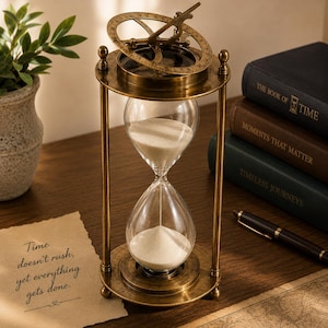 Puede incluir: Un reloj de arena de latón con un bulbo de vidrio transparente que contiene arena blanca, sostenido por cuatro pilares cilíndricos. La parte superior presenta un reloj de sol circular con grabados y un gnomon. La base es una placa de latón.