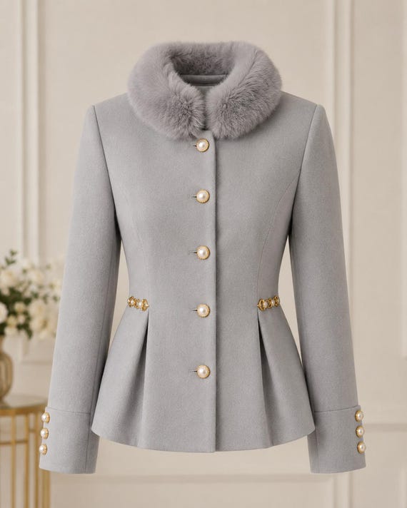 Elegant Women’s Fur Collar Jacket | Short & Long Fit White Jacket | Pearl Button Formal Coat | Luxury Winter Jacket | Bridal Jacket