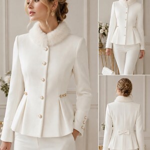 May include: A white peplum jacket featuring a faux fur collar, long sleeves with button cuffs, and a front button closure with pearl-like accents. The waist is cinched with decorative gold-tone hardware, and the back includes a small fabric bow.