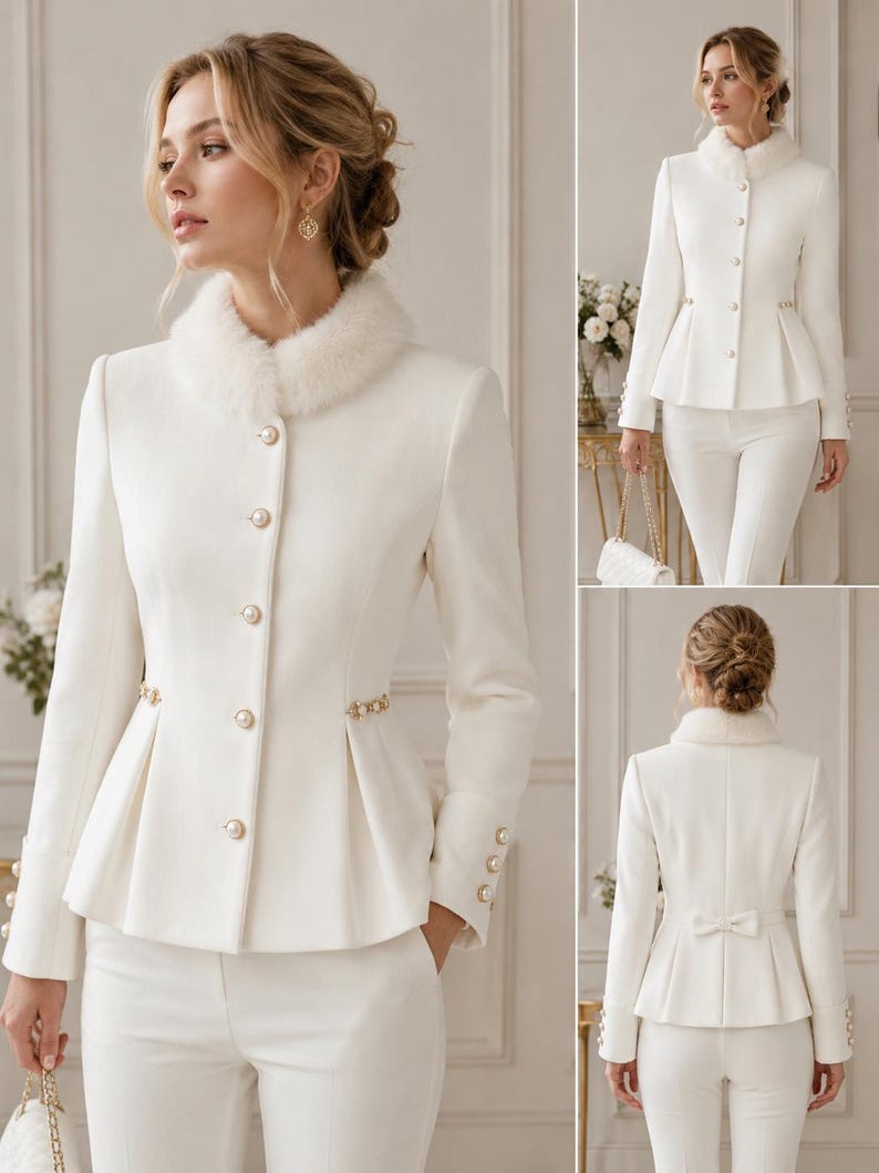 May include: A white peplum jacket featuring a faux fur collar, long sleeves with button cuffs, and a front button closure with pearl-like accents. The waist is cinched with decorative gold-tone hardware, and the back includes a small fabric bow.