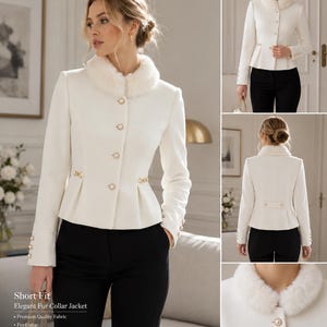 May include: A white jacket featuring a faux fur collar, long sleeves, and a peplum waist. The garment is adorned with round pearl-style buttons down the front, at the waist sides, on the cuffs, and across the back. The text reads Short Fit Elegant Fur Collar Jacket.