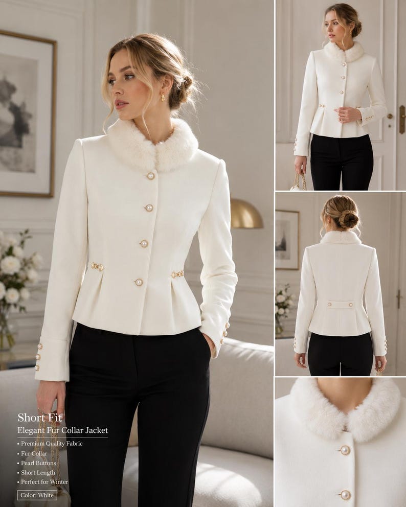May include: A white jacket featuring a faux fur collar, long sleeves, and a peplum waist. The garment is adorned with round pearl-style buttons down the front, at the waist sides, on the cuffs, and across the back. The text reads Short Fit Elegant Fur Collar Jacket.