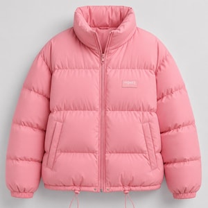 May include: A bright pink puffer jacket featuring a high collar, a full-length front zipper, and long sleeves with elastic cuffs. The jacket has horizontal quilted panels, two side pockets, and a rectangular patch with the text MONTE.